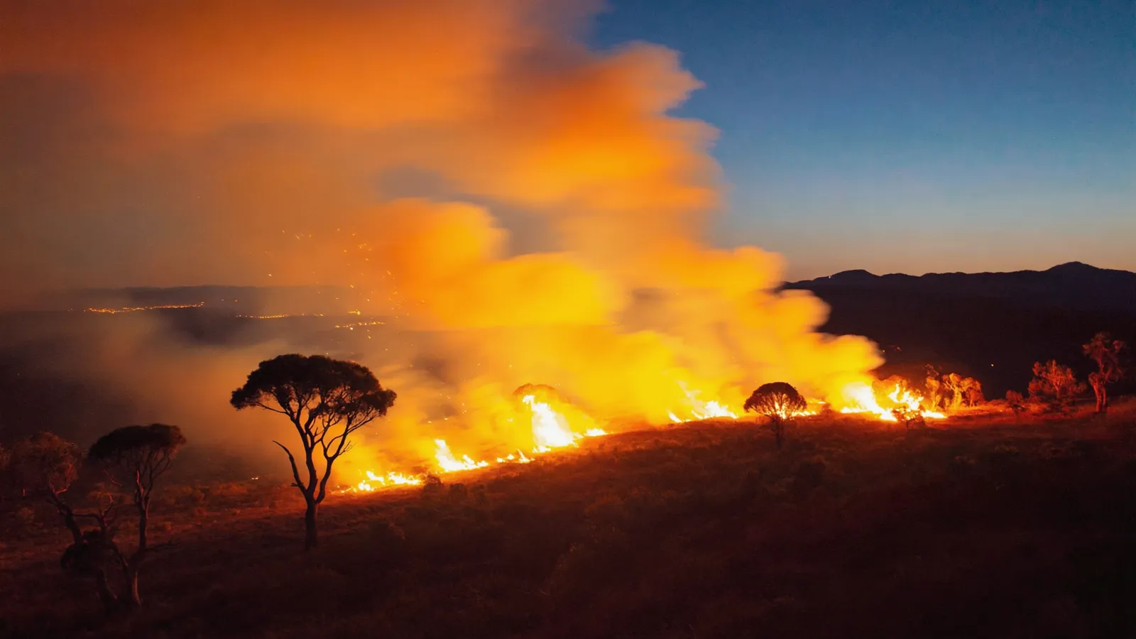 Orange bushfire glow on the horizon at dusk, seen from a ridge through silhouetted gum trees.