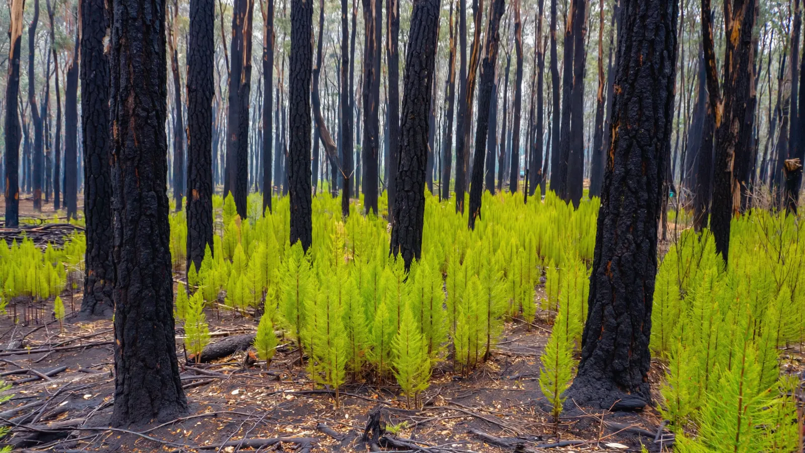 Green epicormic regrowth sprouting from charred eucalypt trunks after a bushfire.