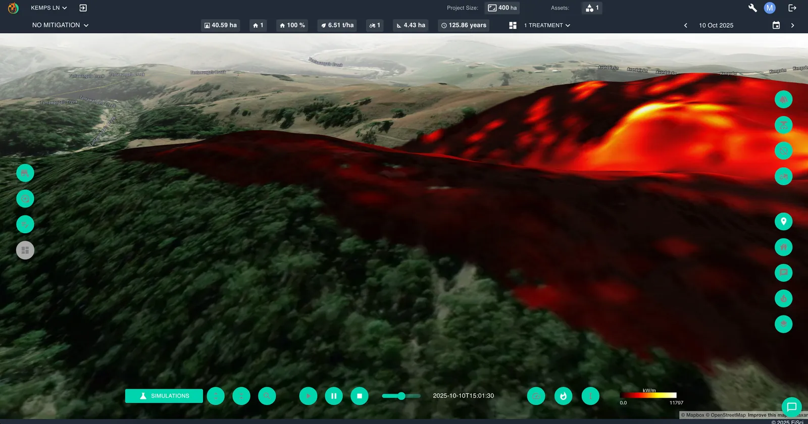 Three-dimensional landscape view at 15:00 showing the flame front backing down the hillside as the main head fire run slows.