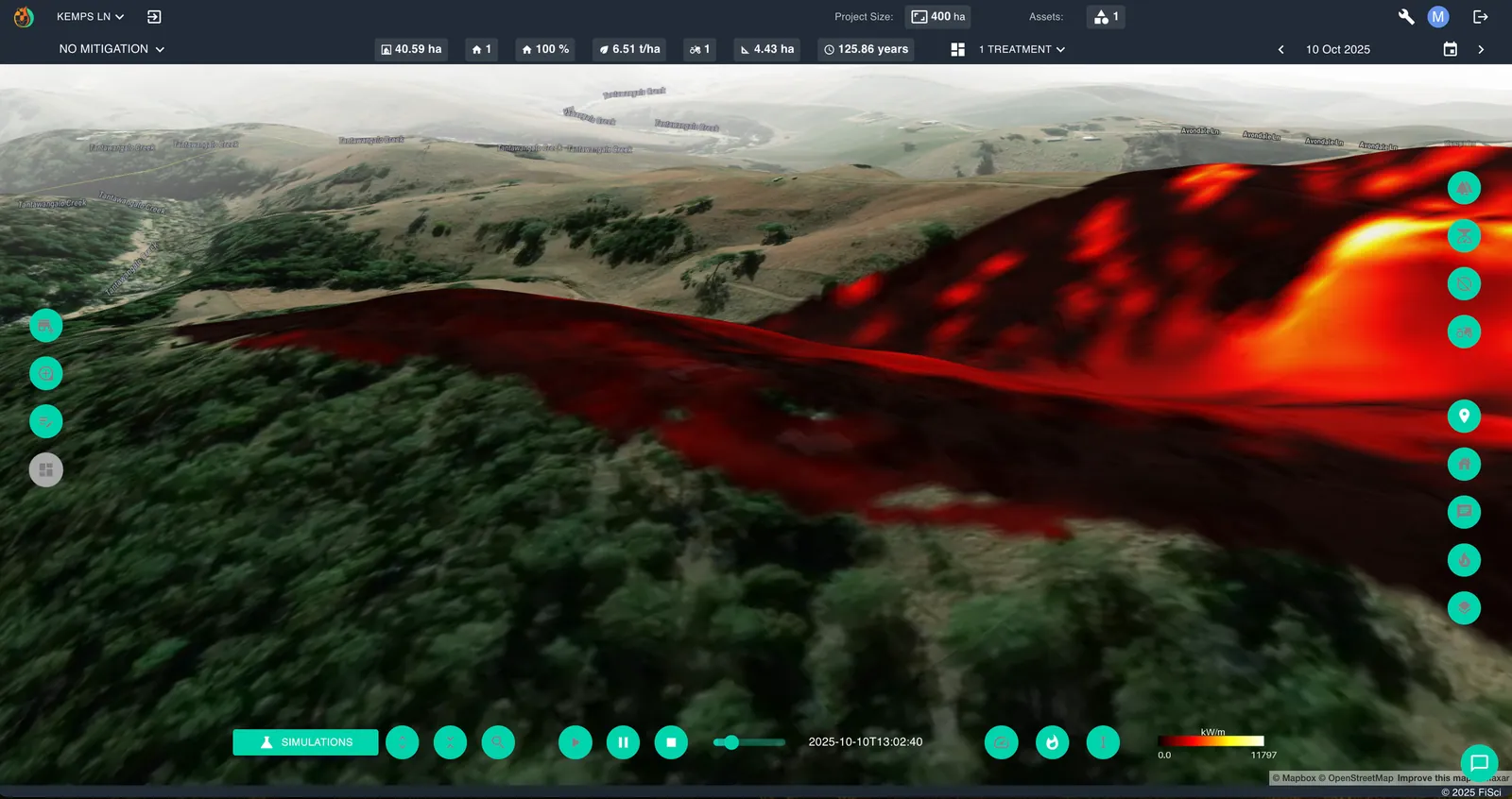Three-dimensional landscape view of the simulated fire running along a hillside near Kemps Lane.