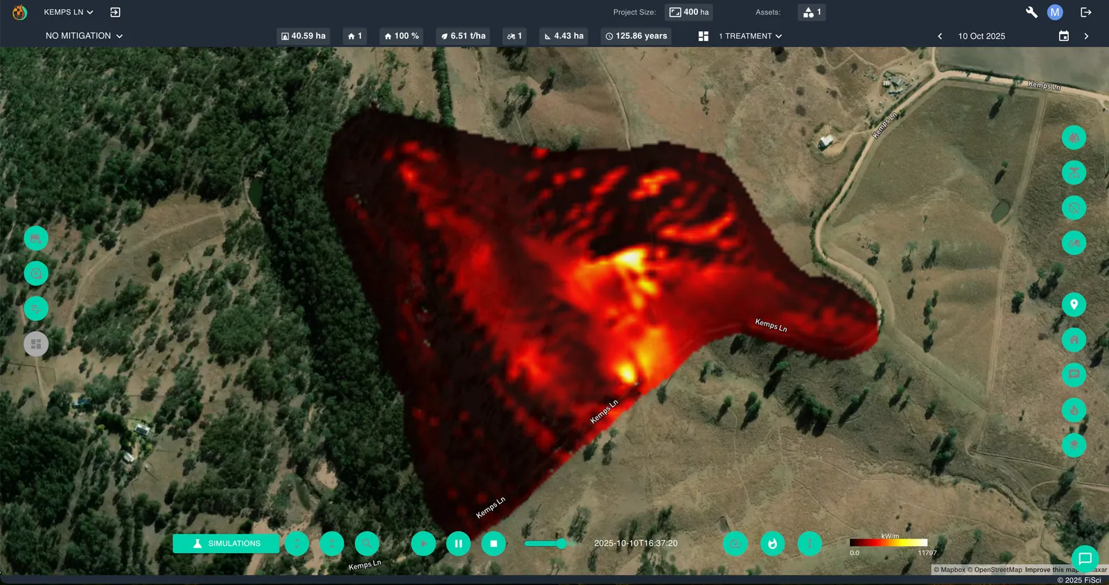 Aerial map view mapping the initial simulation, showing fire spread vectors and fireline intensity along Kemps Lane.