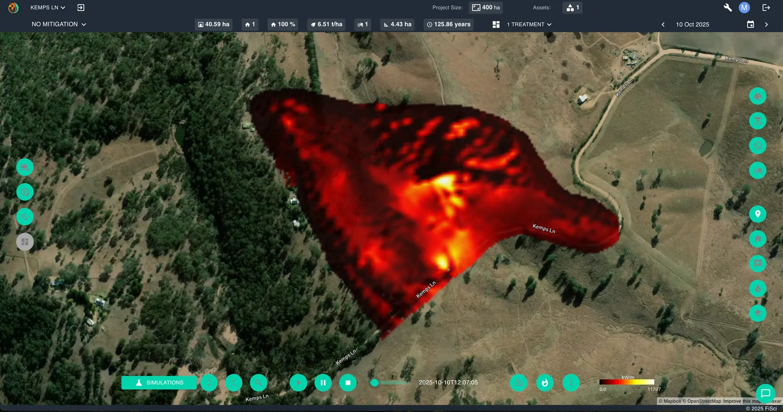 Predicted fire footprint and fireline intensity profile at the time of the pager alert, shortly after midday.