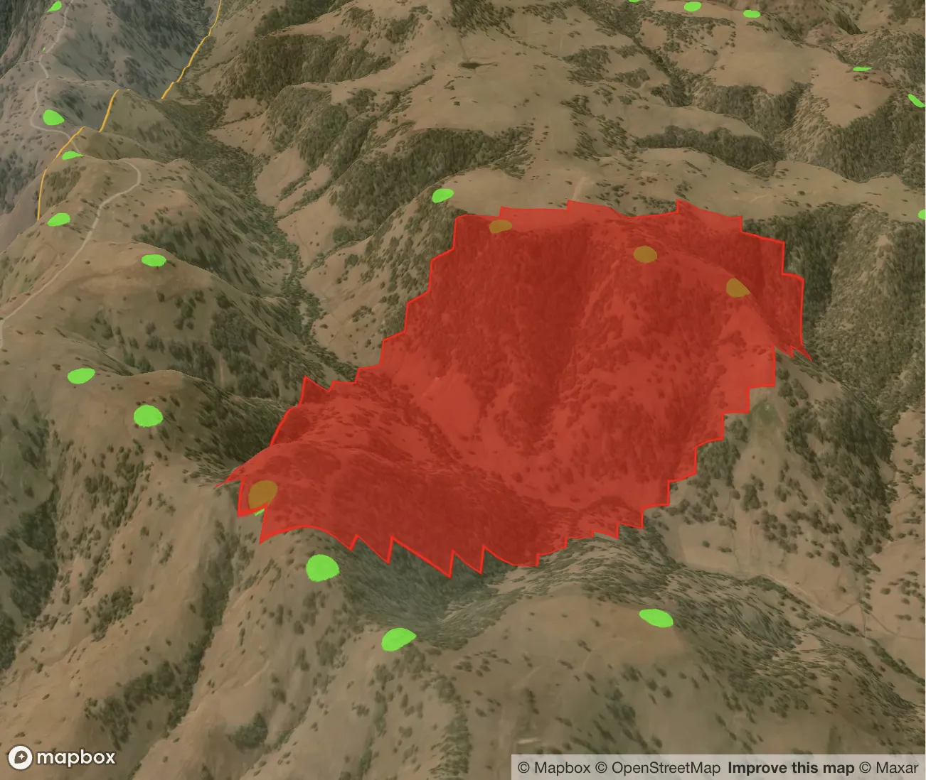 Simulation showing that a fire originating at one identified turbine puts the turbines to its south-east in danger.