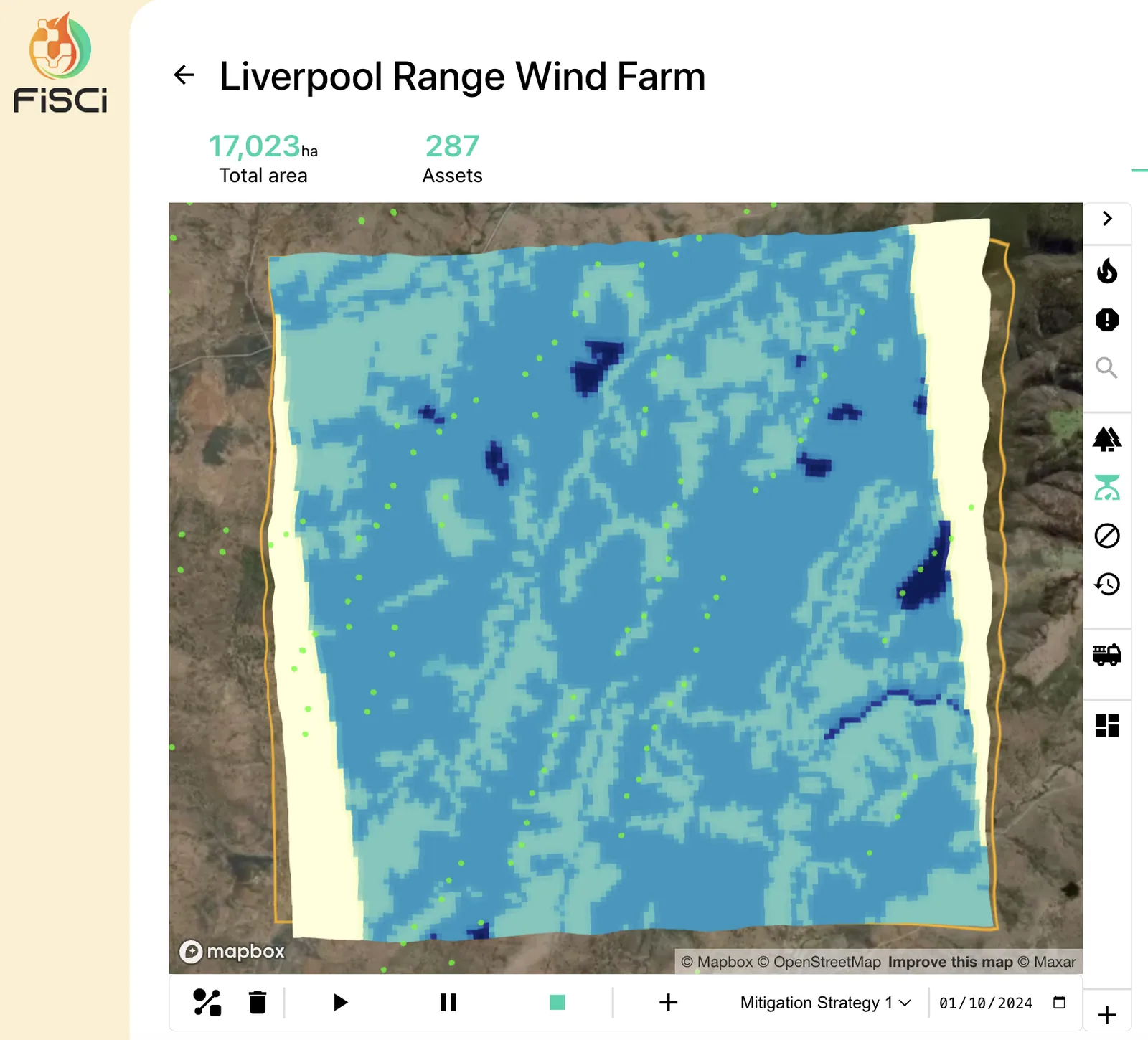 Predicted fuel load across the Liverpool Range site, ranging from 5 to over 20 tonnes per hectare.