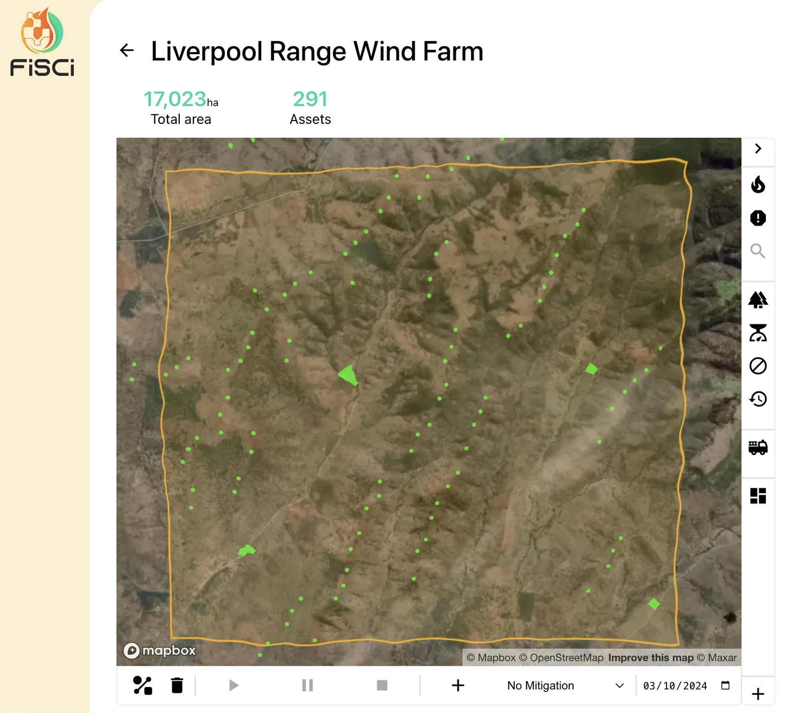 Mitigate view of the Liverpool Range Wind Farm site showing proposed turbine locations and surrounding assets.