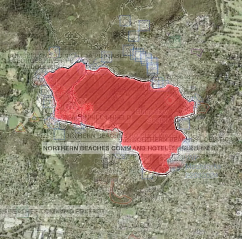 The actual fire scar from the Meatworks incident, running west to east and almost reaching the urban interface.