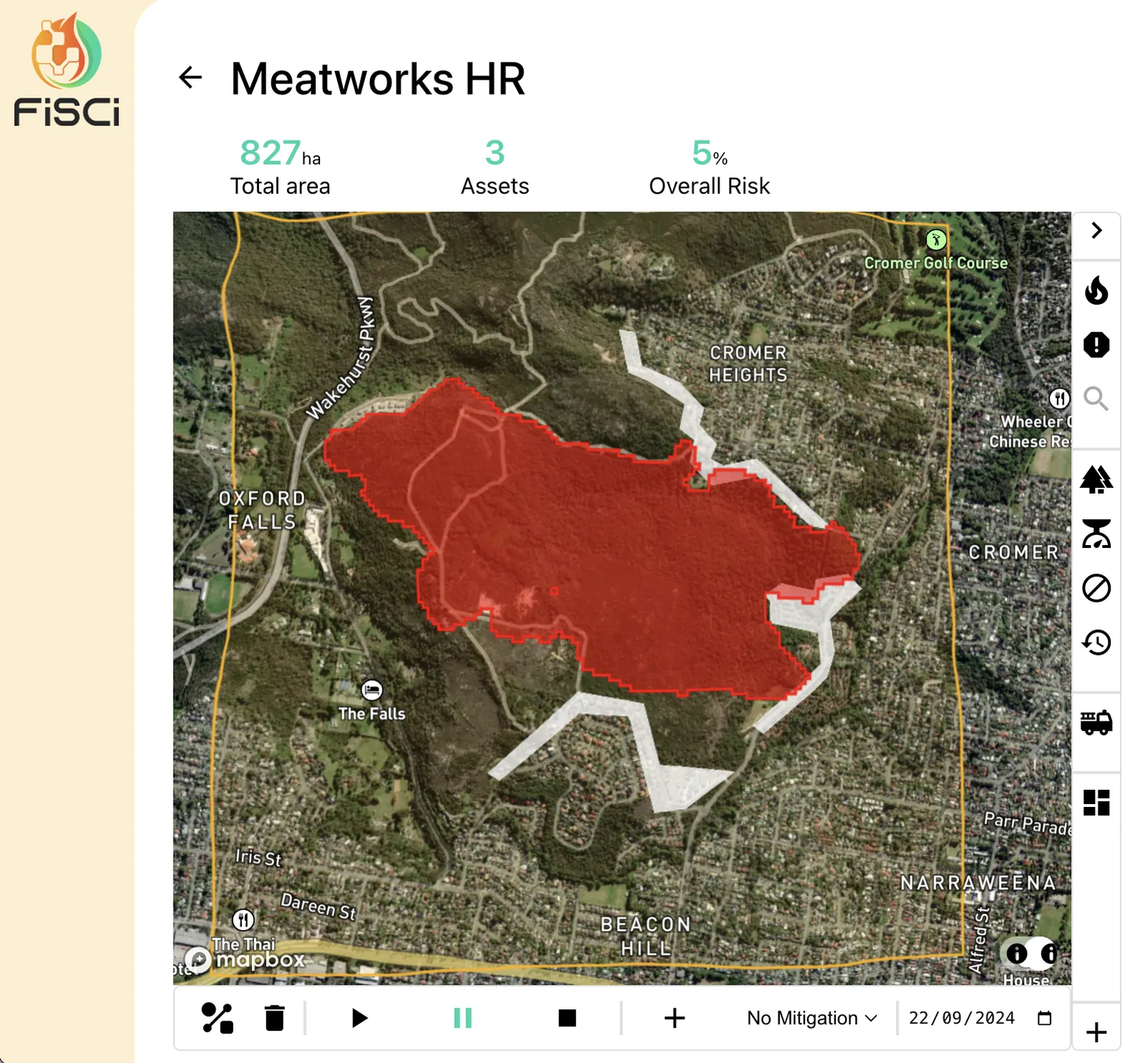Mitigate's predicted spread for the Meatworks escaped hazard reduction, running west to east toward the urban interface.