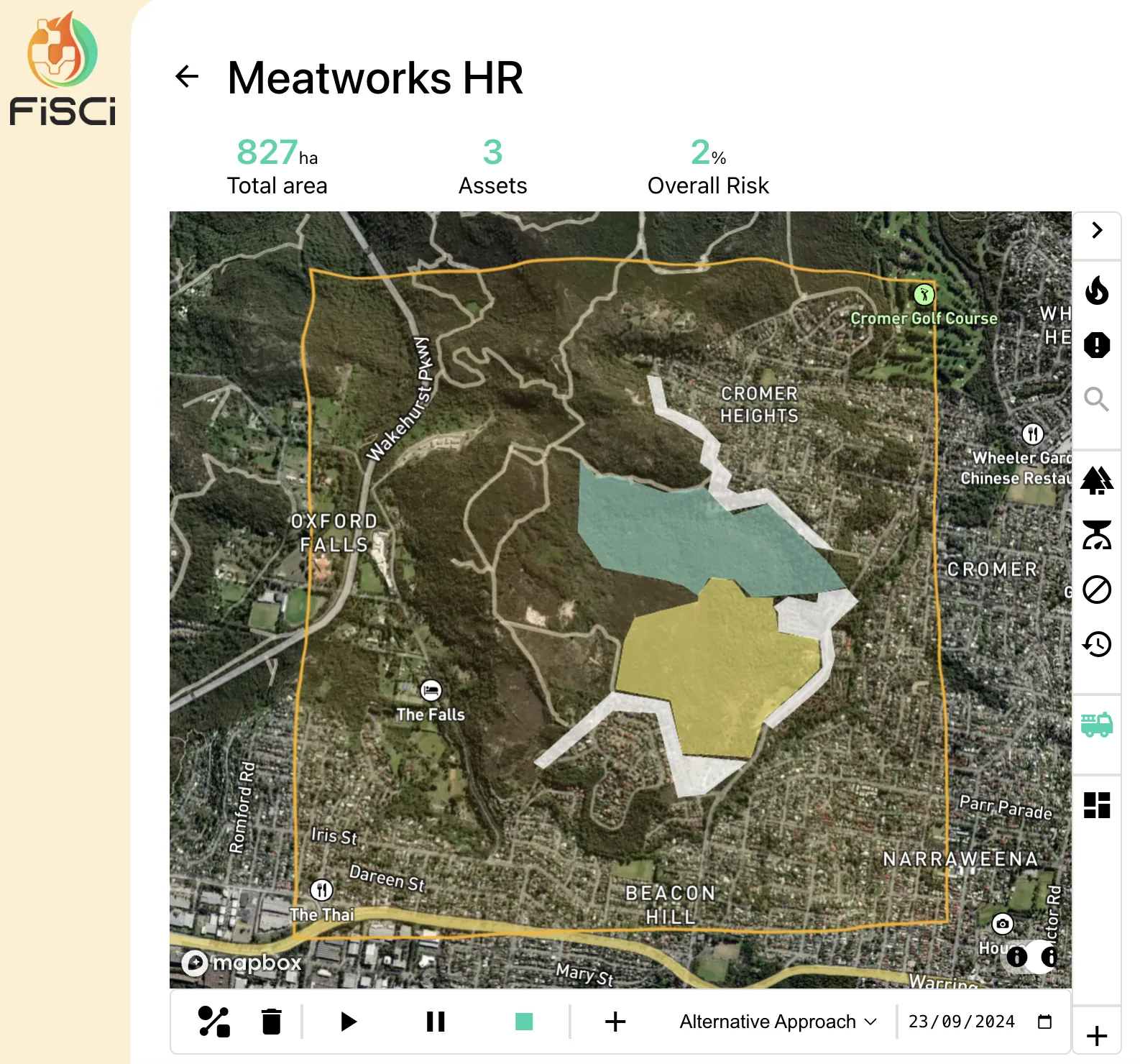 The optimal treatment strategy generated in Mitigate, showing two prescribed burns in the eastern half of the bushland.
