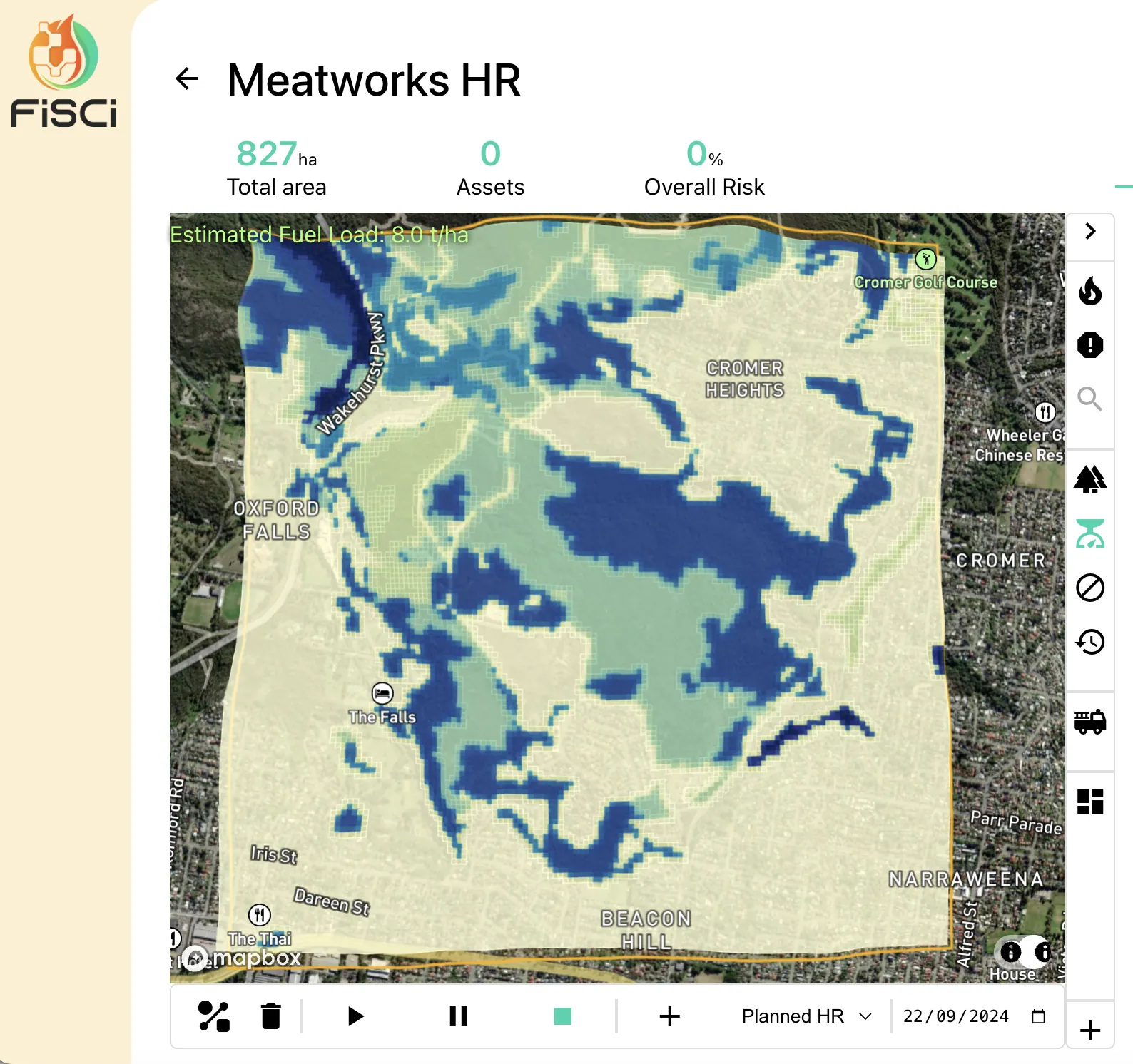 Fuel load map of the Oxford Falls bushland, showing 8 tonnes per hectare in the burn area rising to over 20 tonnes per hectare nearby.