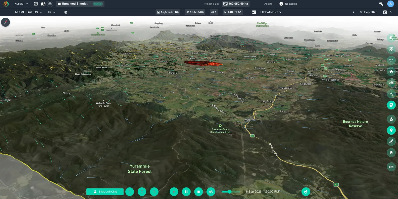 A 160,000-hectare project in Mitigate, shown as three-dimensional terrain with state forest, watercourses and roads mapped across the ranges.