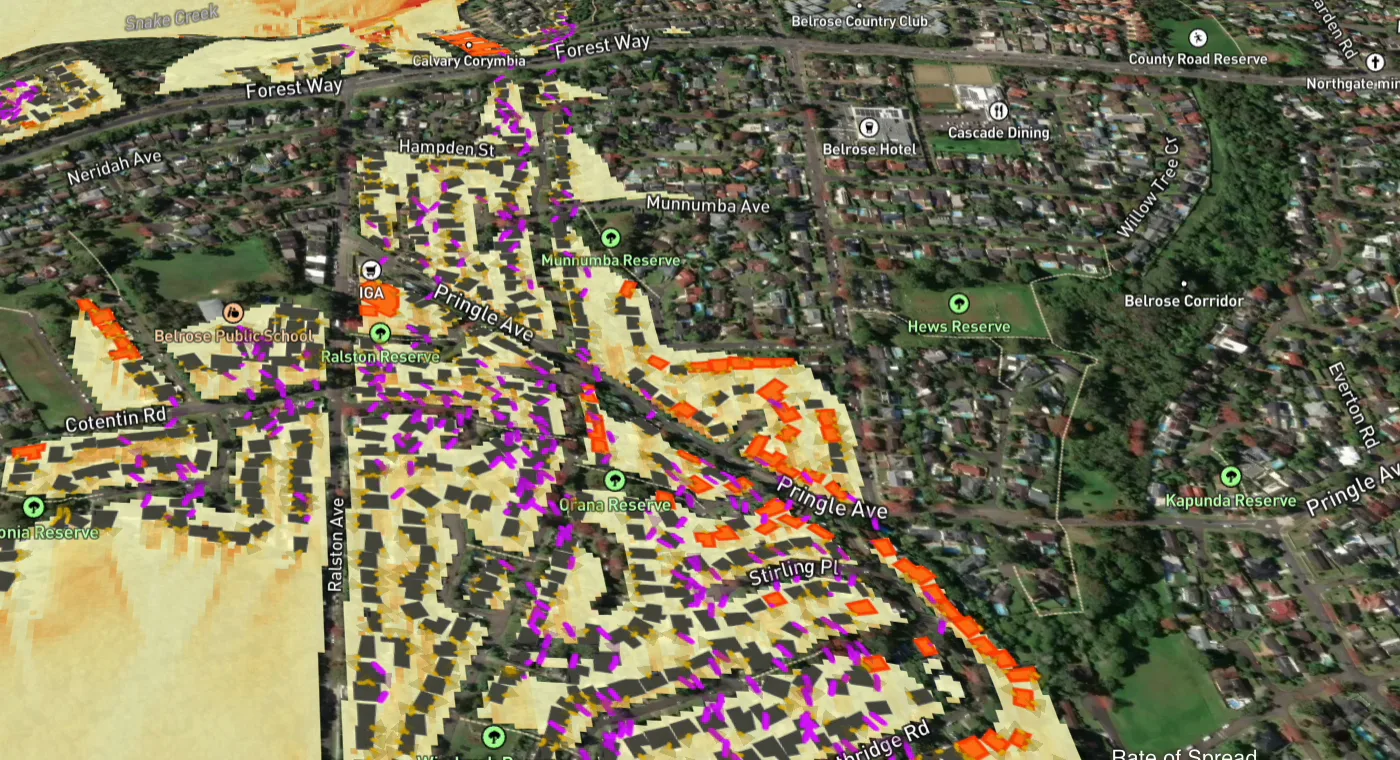 Close view of a simulated fire in a suburb: burnt buildings in black, burning buildings in orange, and magenta lines tracing ember transfer between houses.