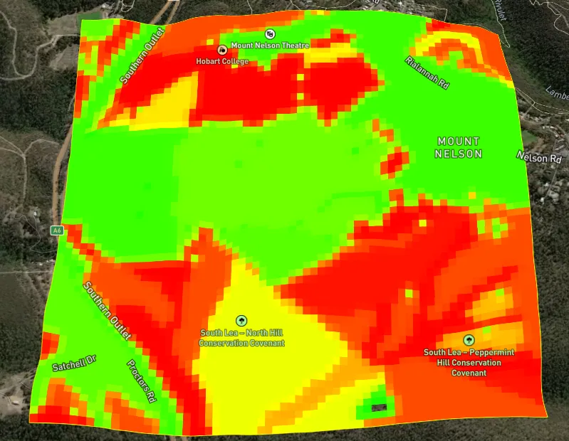 Eight-hour fire spread model after the recommended follow-up treatment, showing the largest fires deflected around Hobart College.