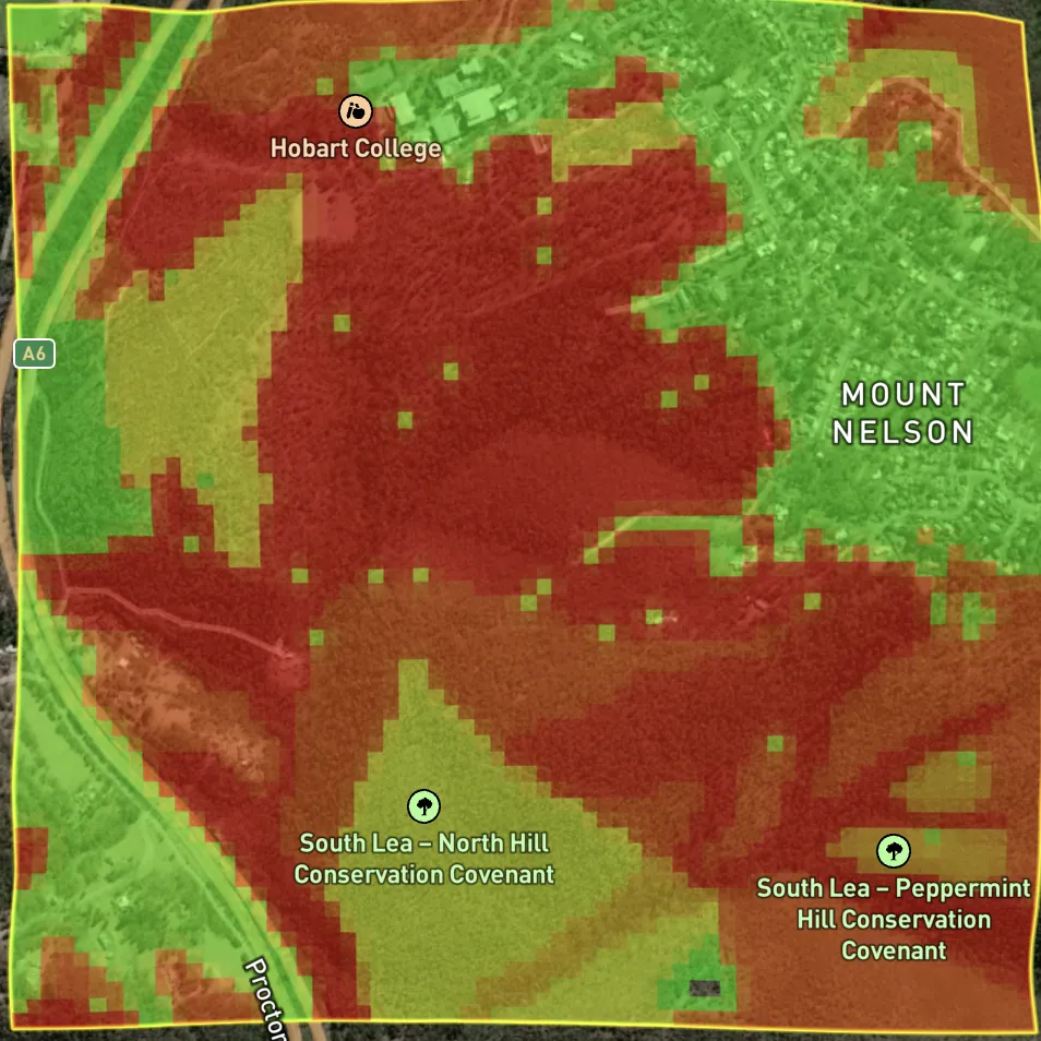 Fuel load map showing large contiguous areas above 20 tonnes per hectare adjacent to the Mount Nelson urban edge.