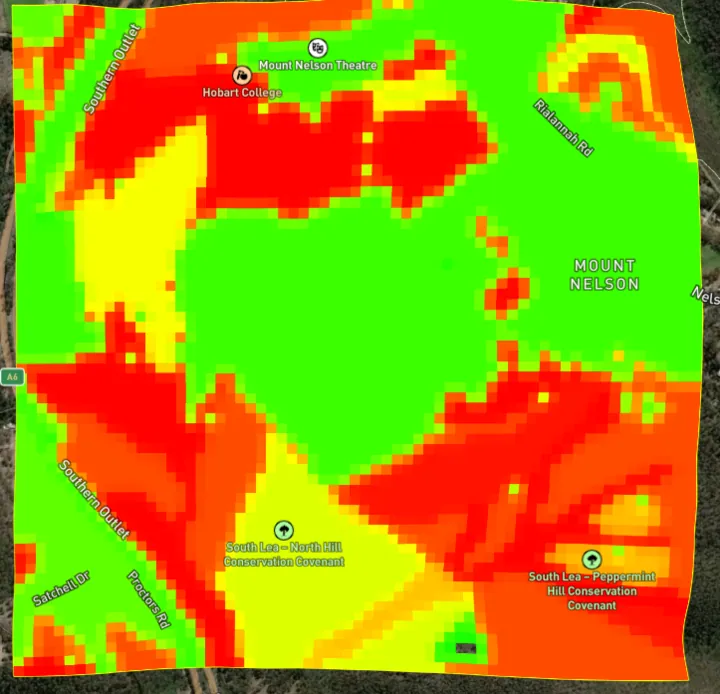 Fuel load map of the Mount Nelson project area after the modelled prescribed burn.