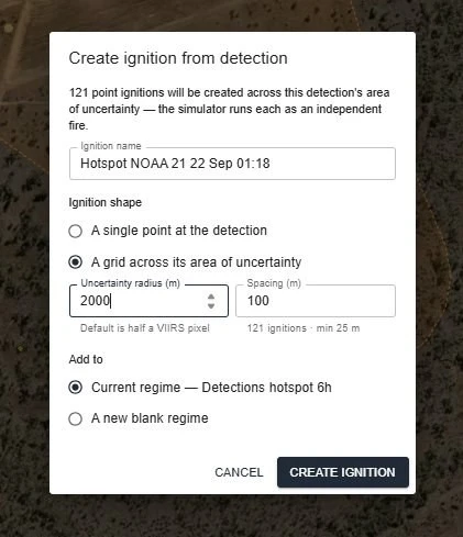 The Create ignition from detection dialog, set to place a grid of 121 point ignitions across a two-kilometre area of uncertainty around a satellite hotspot.