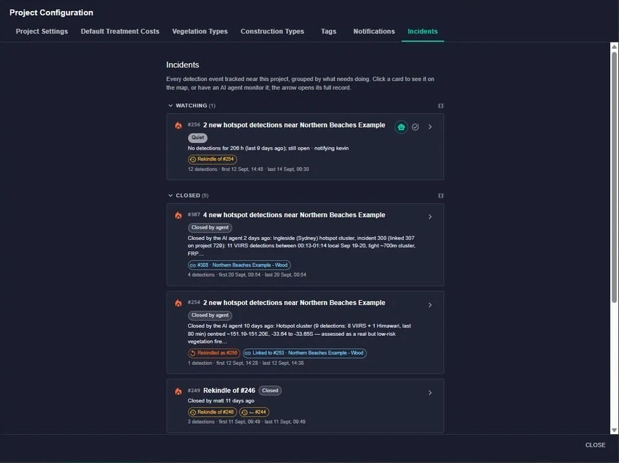 The Incidents tab of a project in Mitigate, listing detection events grouped into Watching and Closed, each with its detection count, times and the agent's summary.