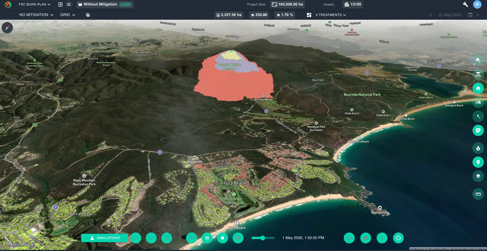 Baseline simulation showing a fire from Bournda Nature Reserve running down onto Tura Beach, with most of the western half of the suburb marked as impacted.