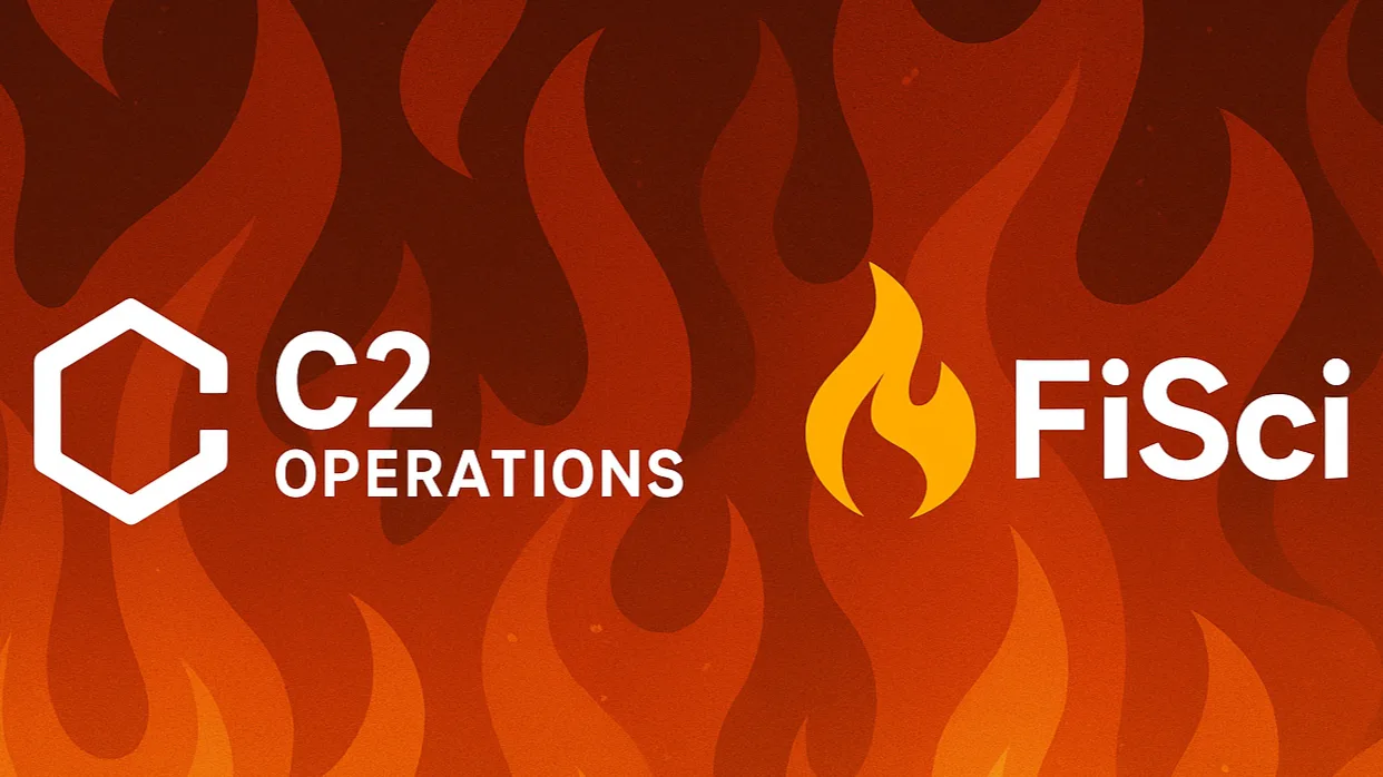 C2 Operations and FiSci logos side by side on a flame-patterned background, marking the partnership.