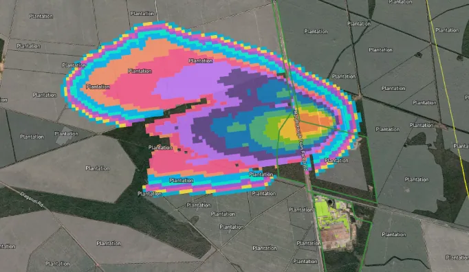 Mitigate simulation of the fire near the Hyne Timber Tuan Mill, showing predicted spread away from the facility.
