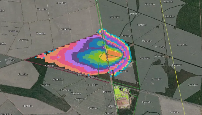 Tactical projection of the fire's predicted spread, showing the westerly track away from the Tuan Mill.