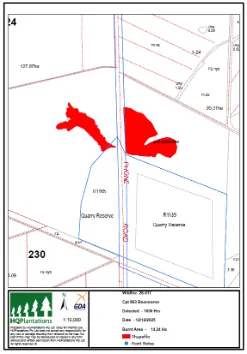 The actual burnt area overlaid on the simulation's projected path, showing close correspondence.