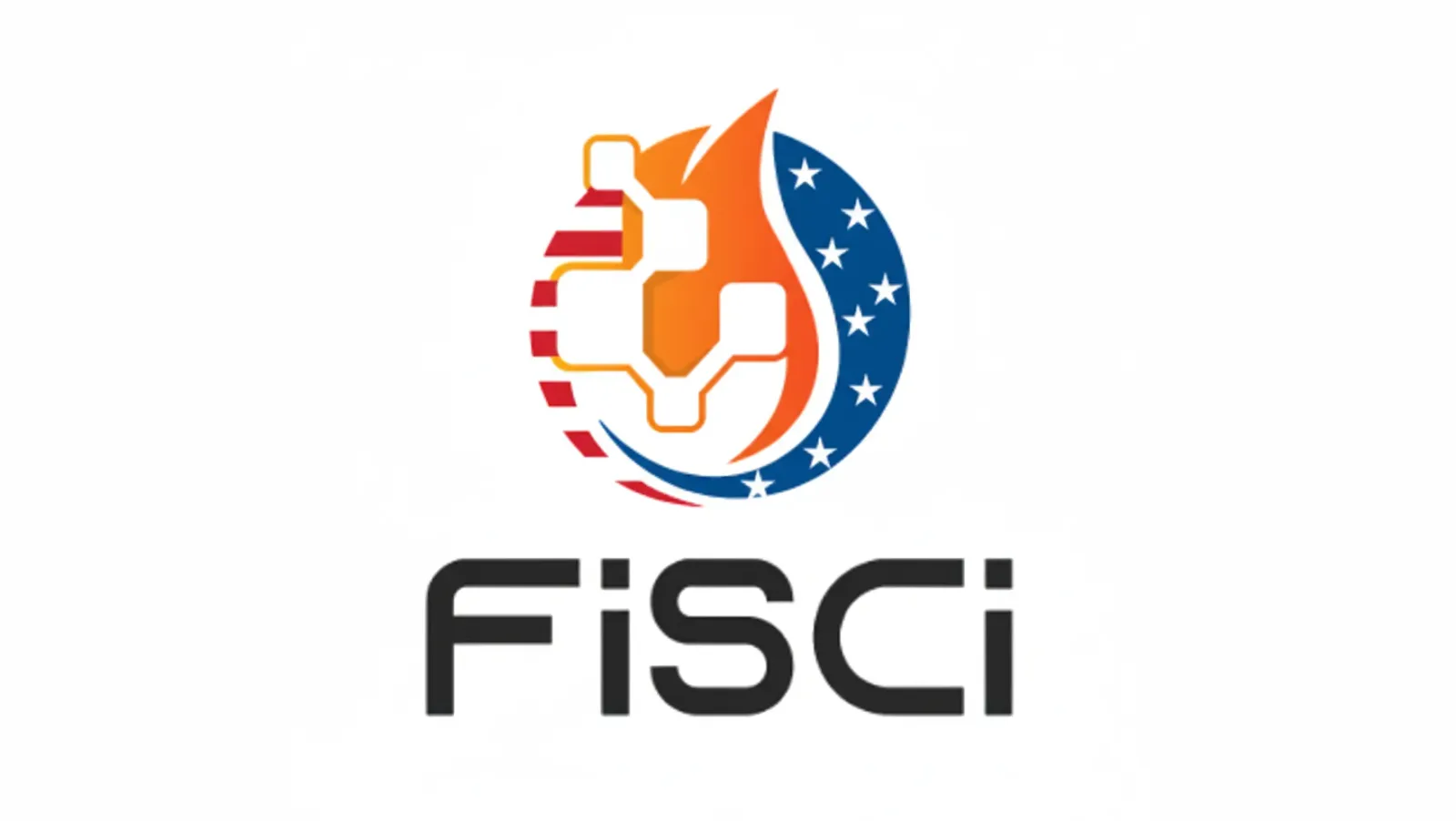 FiSci logo with the flame mark styled in the stars and stripes of the United States flag.