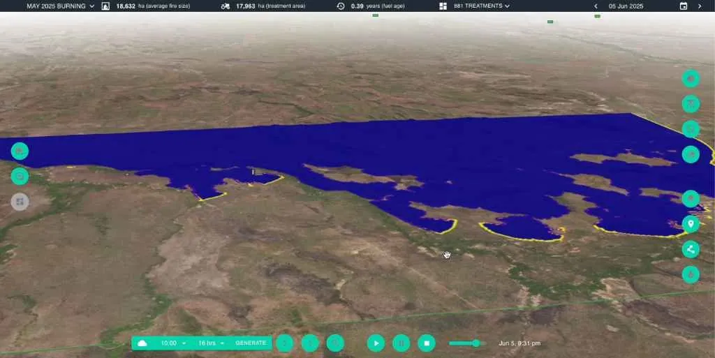 Mitigate simulation of a late-season wildfire spreading through the unburnt gaps left by the early dry season burns.